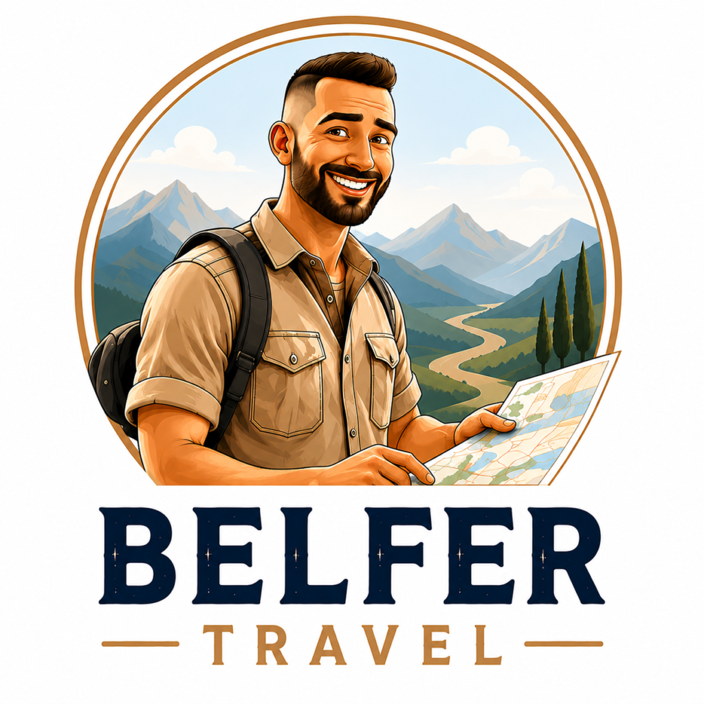 Logo Belfer Travel – ilustracja podróżnika z plecakiem na tle górskiego szlaku